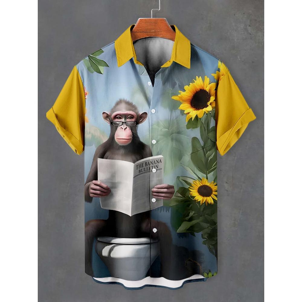 Men's Angry Animals Shirts Fashion Short Sleeve Button Down Lapel Shirts For Summer Oversized Tops Casual Hawaiian Shirts