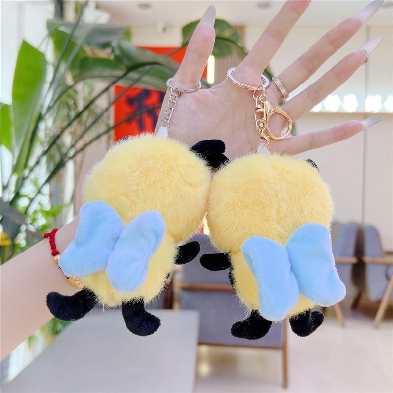 [Qiubaoll] Cute Bee Keychain Bee Animal Stuffed Bag Charm Fluffy Bag Decoration Stylish Birthday Present Gift