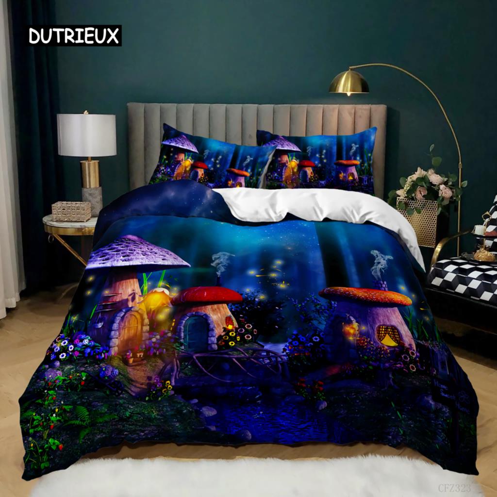 Mushroom Duvet Cover Set Queen Size Microfiber Mushrooms Ornate Doodles with Swirls Eyes Psychedelic Botany Bdding Set For Teens