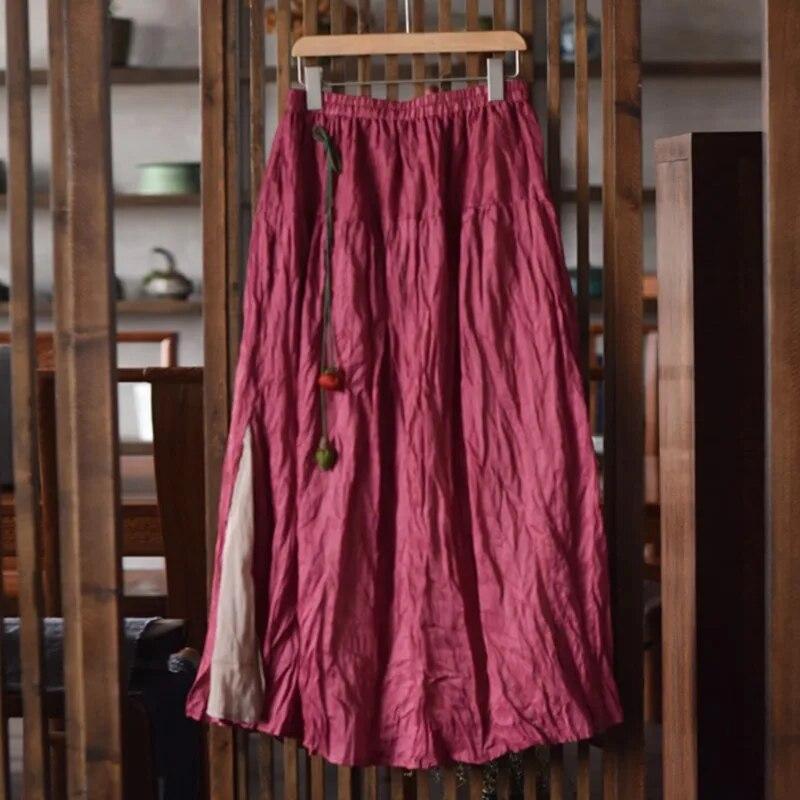 Johnature Women Vintage Skirts Elastic Waist Solid Color Clothes Spring Loose Patchwork Women Casual A-Line Skirts