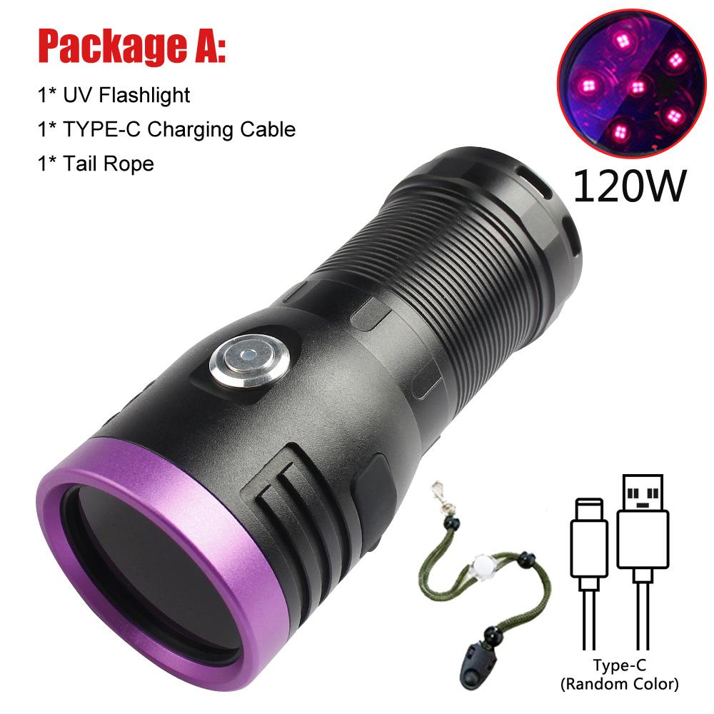 60W/80W/120W High Power UV Flashlight 3/4/6-CORE 365nm Type-C Rechargeable Black Mirror Purple Light Wood's UV Detection Lantern