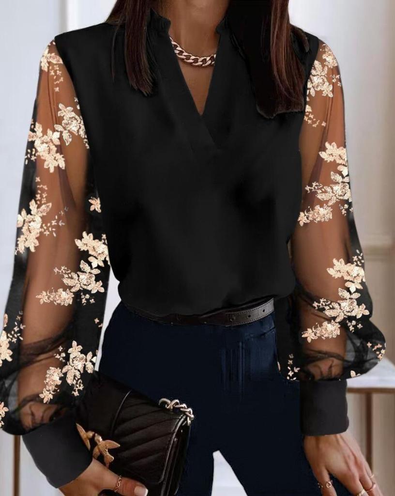 Podzimní a zimní halenka s V-výstřihem, krajkovým dlouhým rukávem pro ženy