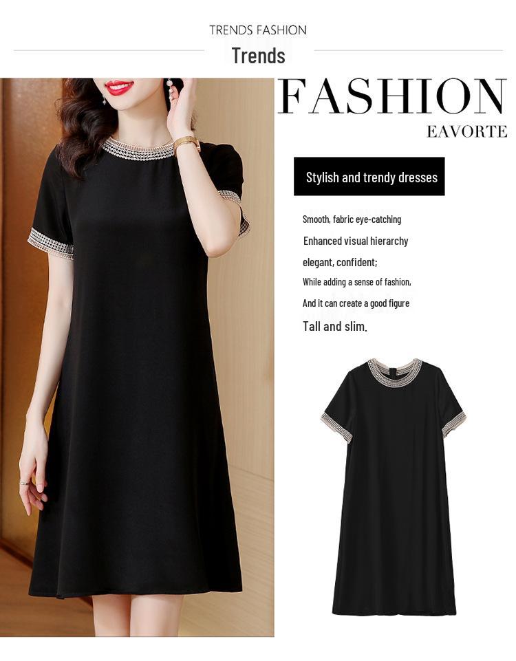Elegant Plus Size Silk Midi Dress – Short Sleeve Round Neck for Stylish Mothers
