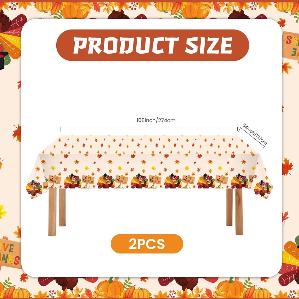 2PCS Thanksgiving Turkey Tablecloth Set, Disposable Plastic Rectangle Table Cover for Holiday Dining Decor, Festive Autumn Leaves Fall Theme, 54" X