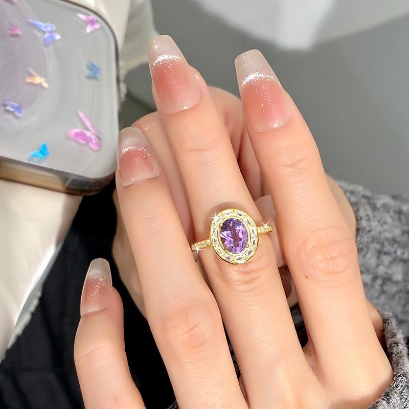 Classic S925 Sterling Silver Ring, Oval Natural Crystal & CZ Adjustable Band for Ladies