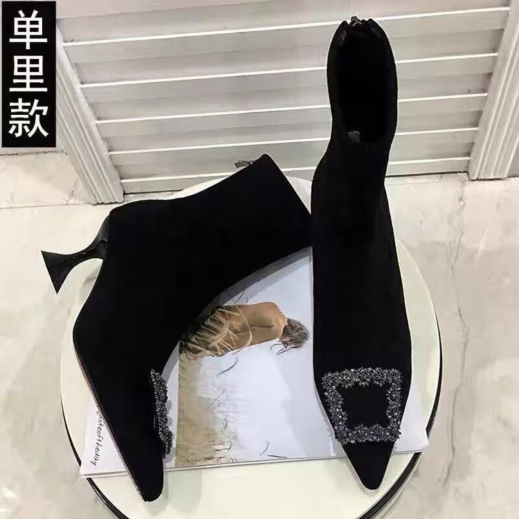 Black Boots Women's Autumn and Winter Rhinestone Pointed High Heels Square Buckle Elastic Boots Short Boots Low Heel Thin Boots