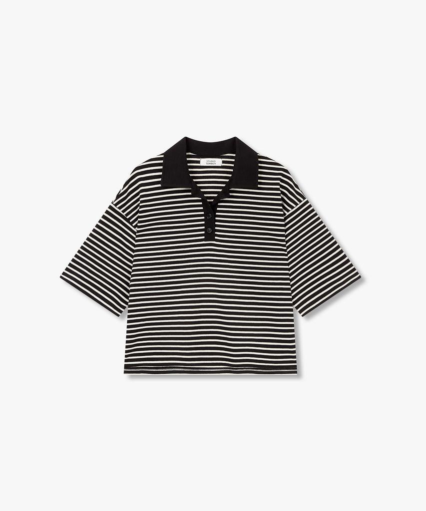 STUDIO TOMBOY Striped Collared Neck Short Sleeve T-Shirt_Black 9176222999