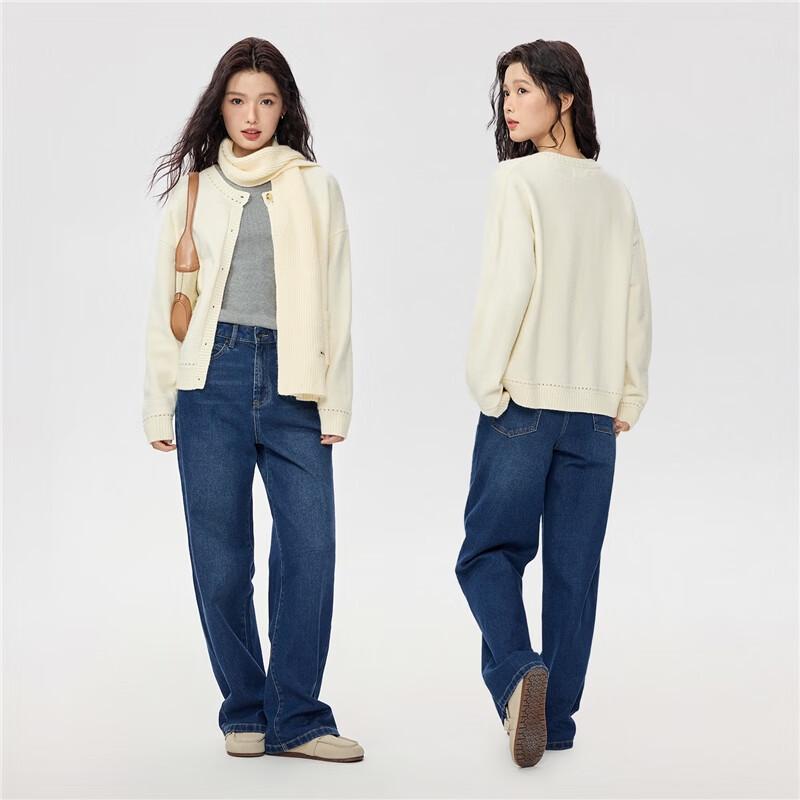 Giordano Women's Round Neck Openwork Knit Cardigan with Double Pockets