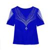 Summer V Neck Mesh Korean Fashion Patchwork Diamond Shirt Short Sleeve Women T Shirt