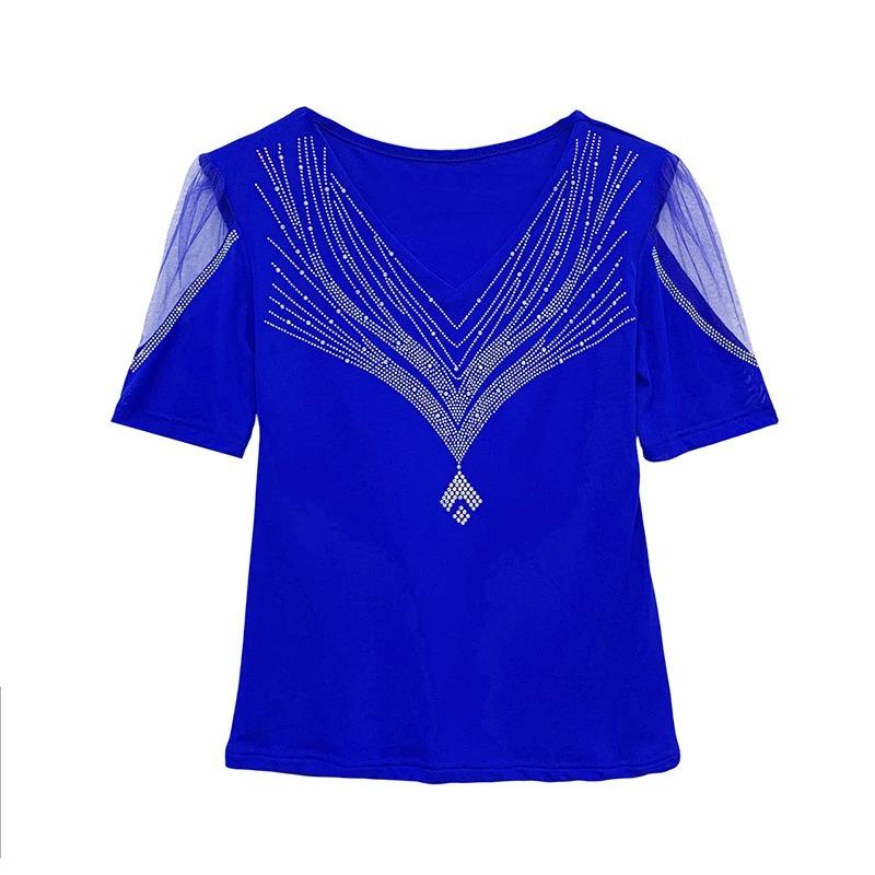 Summer V Neck Mesh Korean Fashion Patchwork Diamond Shirt Short Sleeve Women T Shirt