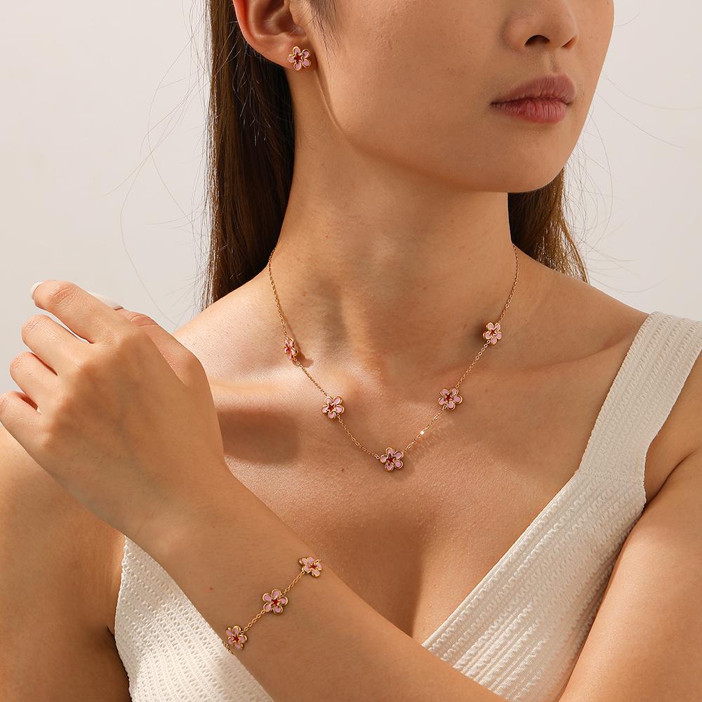 316L Stainless Steel Pink Oil Drop Peach Blossom Flower Bangle Bracelet For Women Lady Fashion New Luxury Jewelry Gift Party