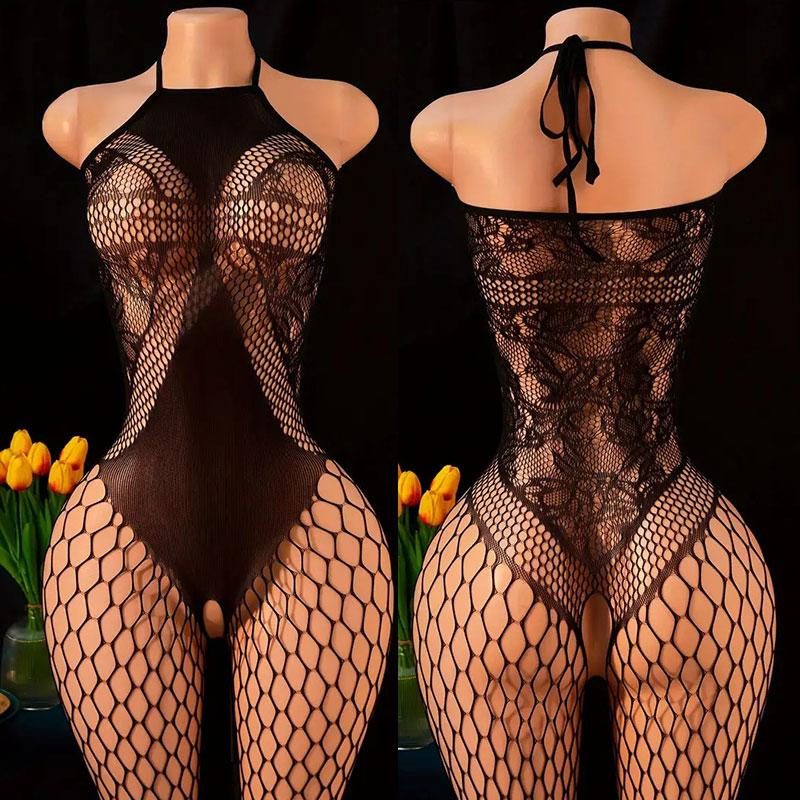 Adult Hollow Lingerie Set Women's Erotic Fishnet Bodystocking Crotchless Temptation Bodysuit Porn Breastless Hot Mesh Underwear