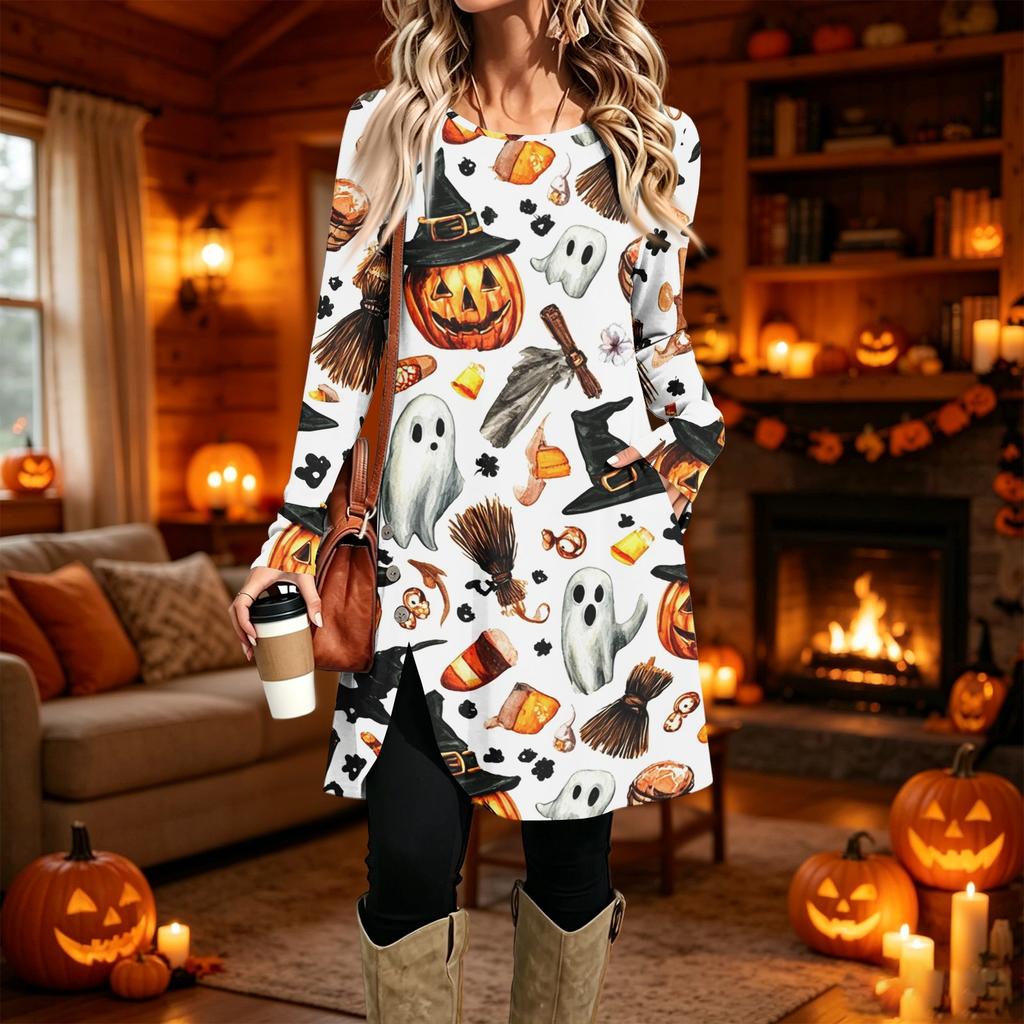 Women's Casual Long Sleeve Printed Round Neck Dress for Everyday Wear