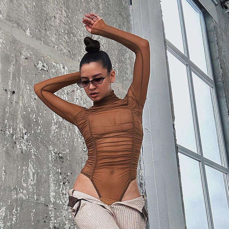 Women's Mesh See-Through Long-Sleeved Bodysuit - Chic High-Waisted Slim Fit Top