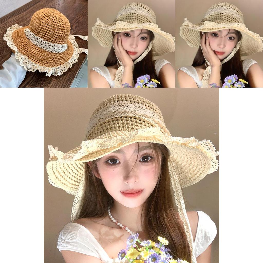Stylish Khaki And Brown Straw Hat For Women With Lace Up Design For Summer Outings