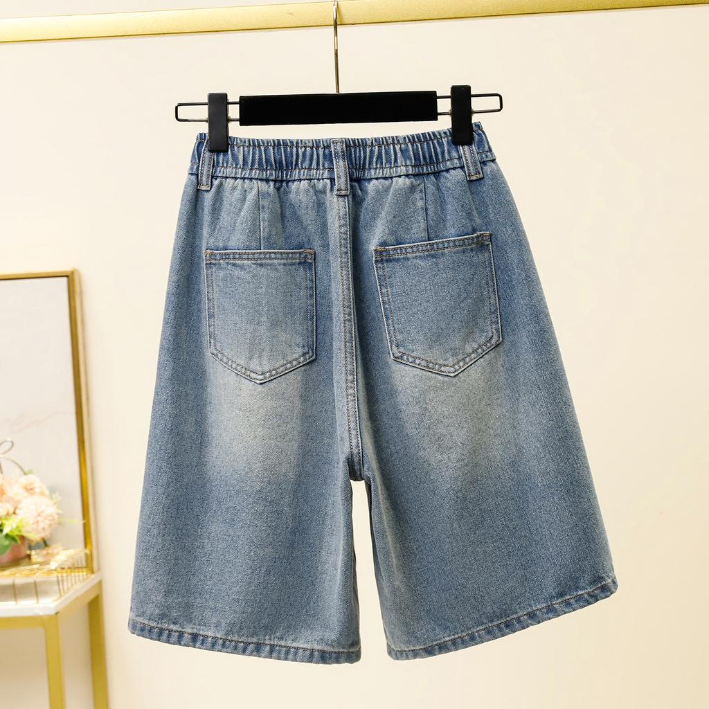 DIMANAF Plus Size Summer 2025 Casual Women Jeans Shorts Pants Loose Hole Basic High Waist Pants Elastic Waist