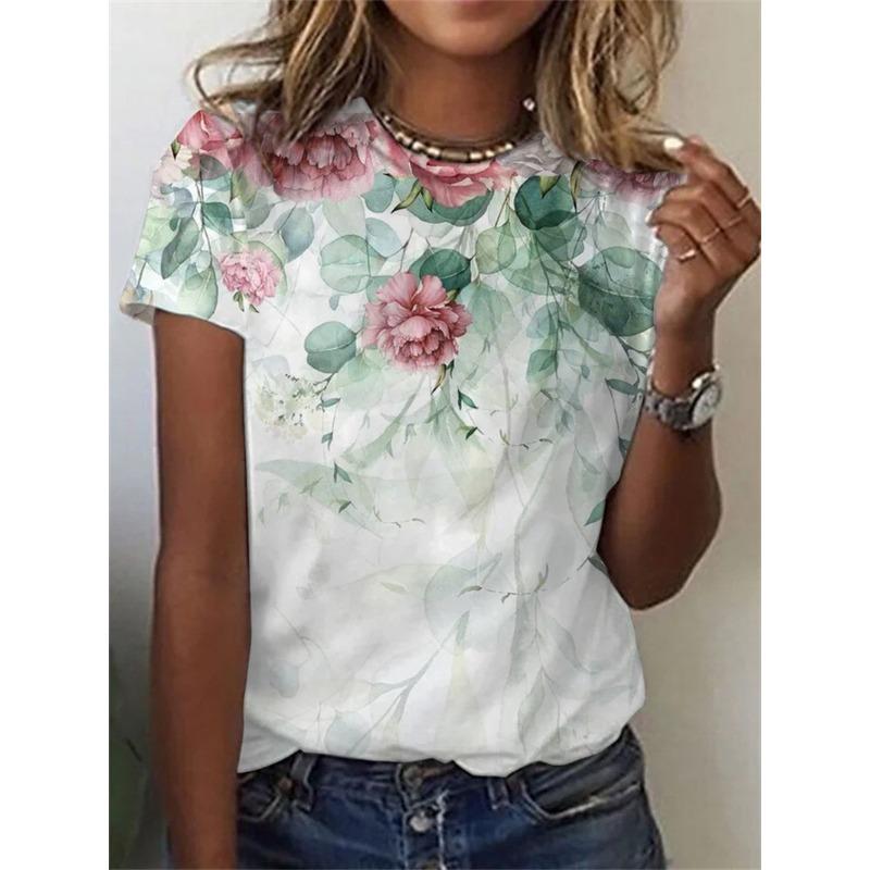 Sommer-Oberteil mit Rundhalsausschnitt und 3D-Blumenmuster, modisches, lässiges, kurzärmeliges Damen-T-Shirt