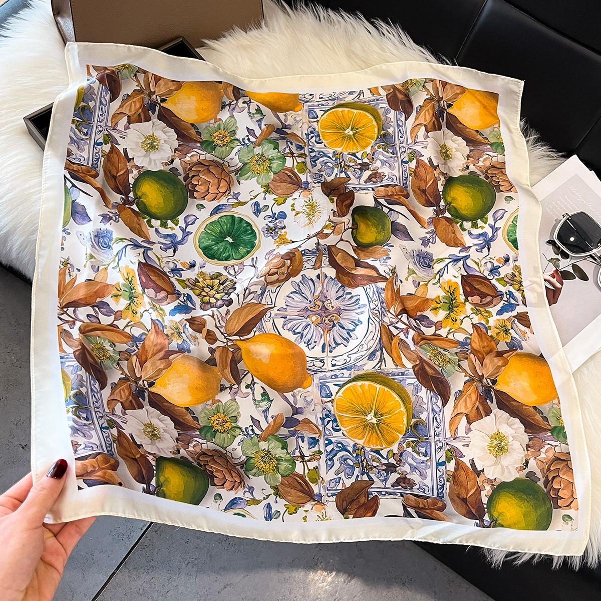 Mode Print Zijden Haarbanden Zomer Citroen Sjaal Dames Nieuw Elegante Bandana Nekdoek Hoofdbanden Foulard Dames Sjaals brown
