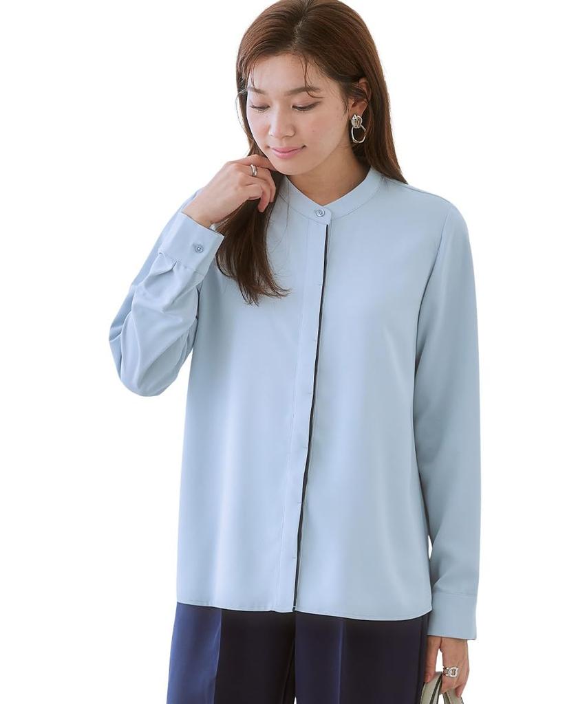 Shirts and Blouses Stretch Powder Satin Blouse Machine UV Large Sizes Available Sax X Navy M [Nissen] Color-Scheme (Wrinkle-Resistant, Quick-Drying,