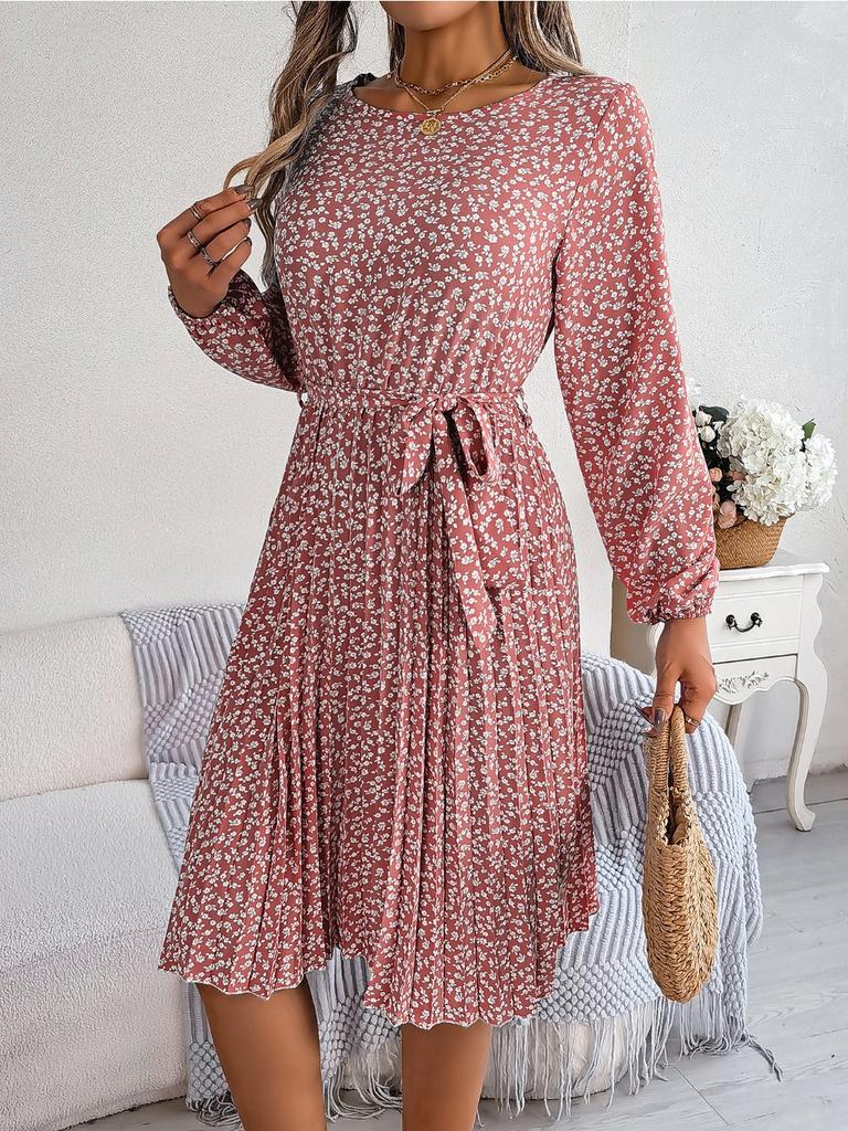 Ins Leisure Long Sleeved Floral Pleated Skirt Plus Size Dresses for Women Red Dresses for Women Elegant