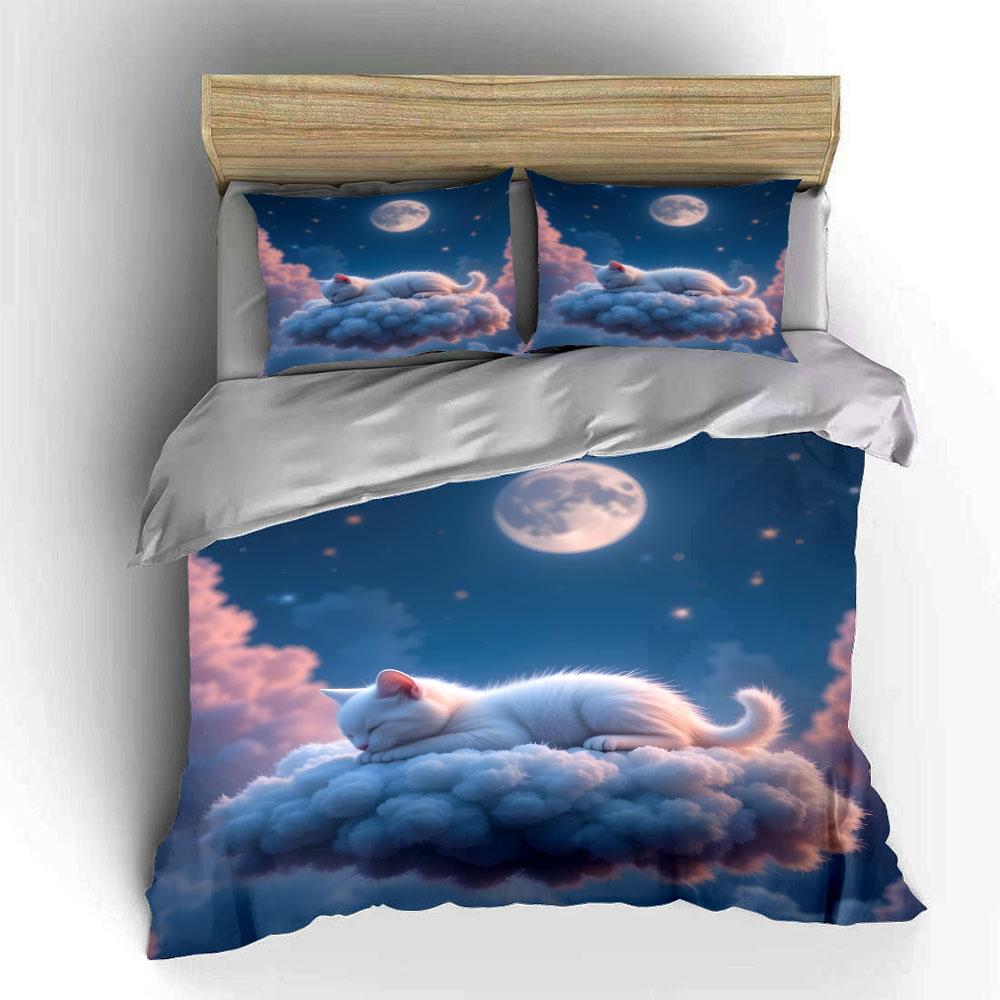 White Cat Sleeps On Dreamy Cloud Duvet Cover Set With 3D Printing Design Soft Polyester Bedding Set All-Season Comfort