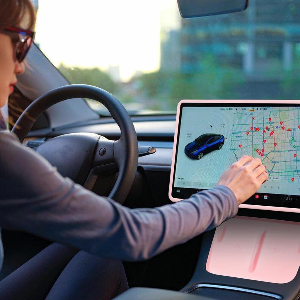 3PCS Center Console Accessories For Tesla Model Y -2024 And Model 3 - Cup Holder Ert, Screen Edge Protector Frame, Silicone Wireless Charger Mat,