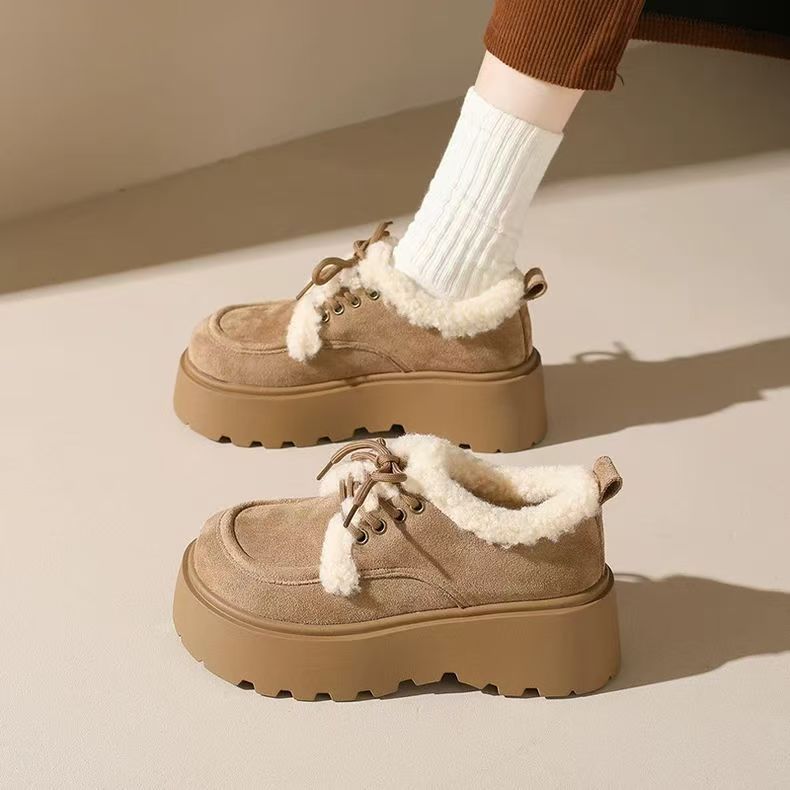 Autumn and winter new fleece thickened lace-up Birkenstocks cotton shoes fashionable small thick-soled heightening snow boots