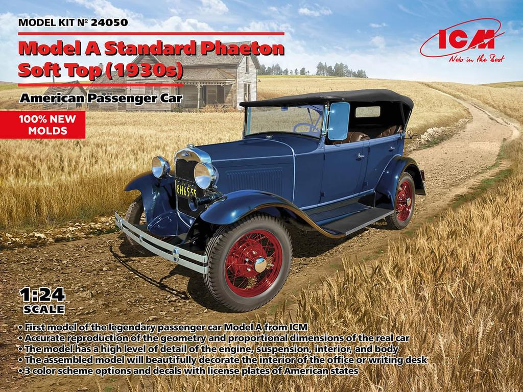 ICM Scale Ford Model A Phaeton Soft Top Plastic Model Kit 24050 1/24 (1930s)