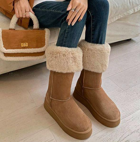 Maillard Big Hair Two Knee Snow Boots 2025 Winter Suede Round Head Northeast Thickened Fur Warm Snow Cotton