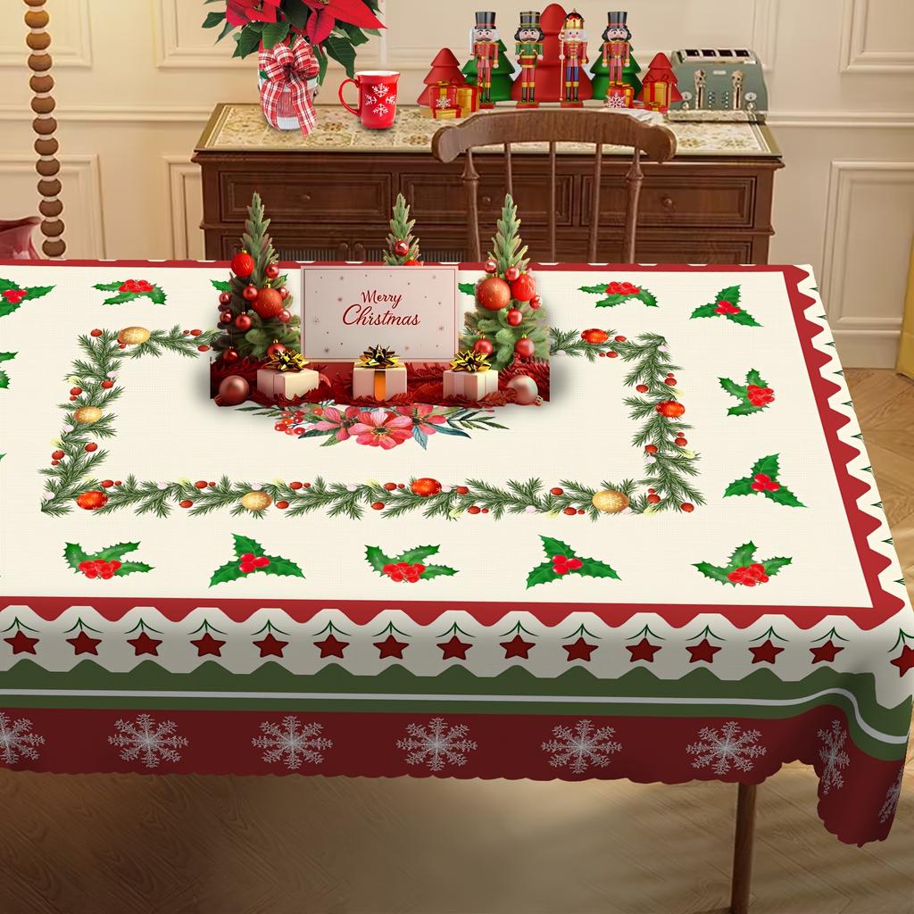 Weihnachtsschneeflocken Kiefernzweige Beeren Wasserdichte Tischdecke Weihnachten Feiertagsparty Esstischdekoration Weihnachtsdekorationen