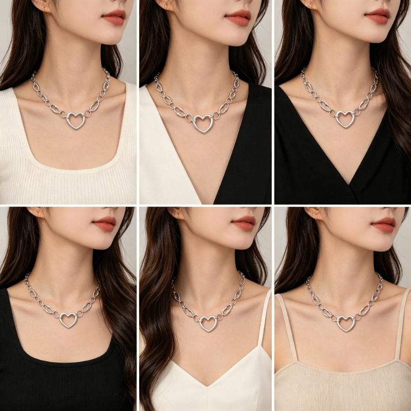 Open Heart Pendant Necklace for Women, Silver Tone Link Chain Jewelry with Adjustable 31-40 Cm Length for Daily Outfits and Gift Use