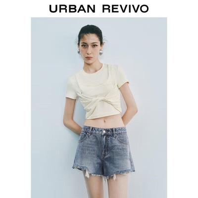UR 2025 Autumn Women's Twist-Knot Patchwork Short-Sleeve T-Shirt