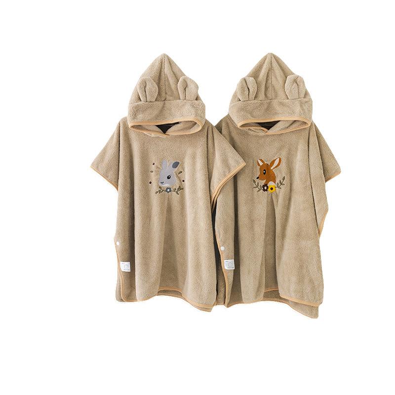 Embroidered Coral Fleece Hooded Cape Children's Bathrobe Baby Cotton Absorbent Korean Bear Bath Towel