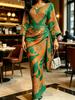 Abito Lungo da Donna Stampa Paisley Verde Arancio Manica Kimono Scollo a V Vita Incrociata Arricciata Bodycon Elegante