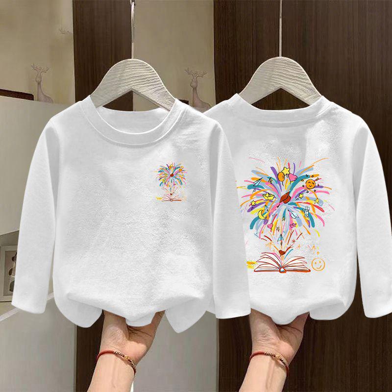 2025 New Girls' Pure Cotton White Base Layer Long Sleeve T-shirt for Spring & Autumn - Medium & Large Kids
