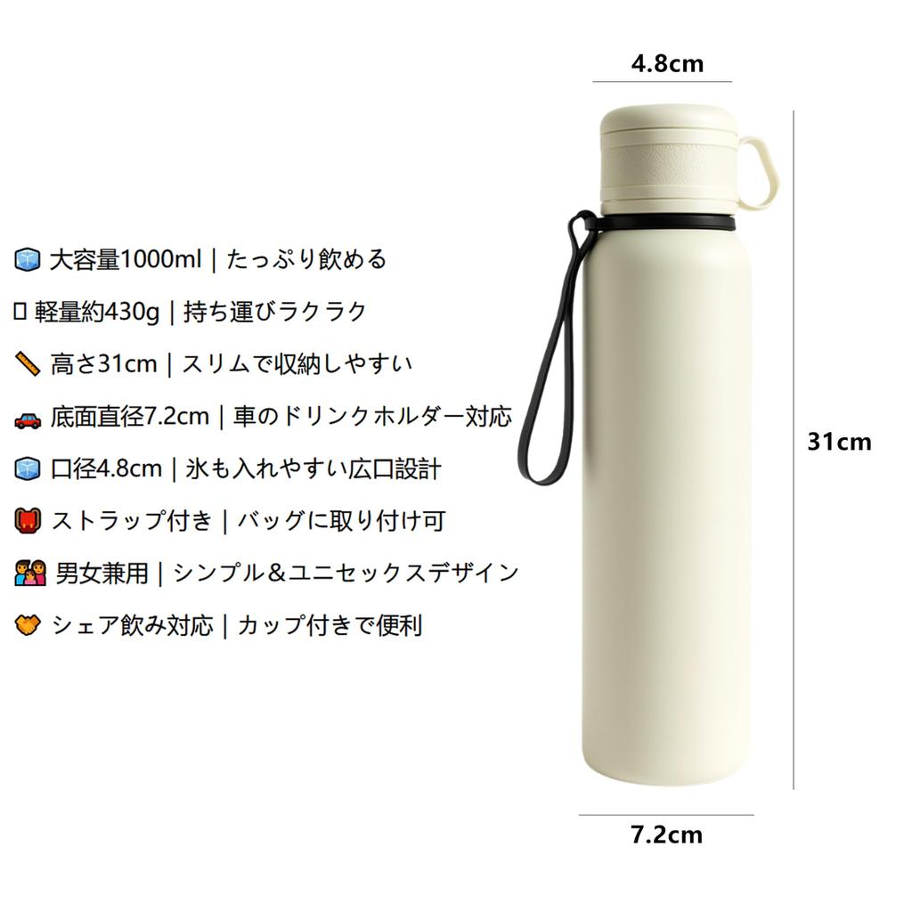 IOLOYU 1 Liter Large Capacity Stainless Steel Thermos Water 1000ml Direct Drinking Opening and Easy To Stylish Vacuum Insulated Water Portable with