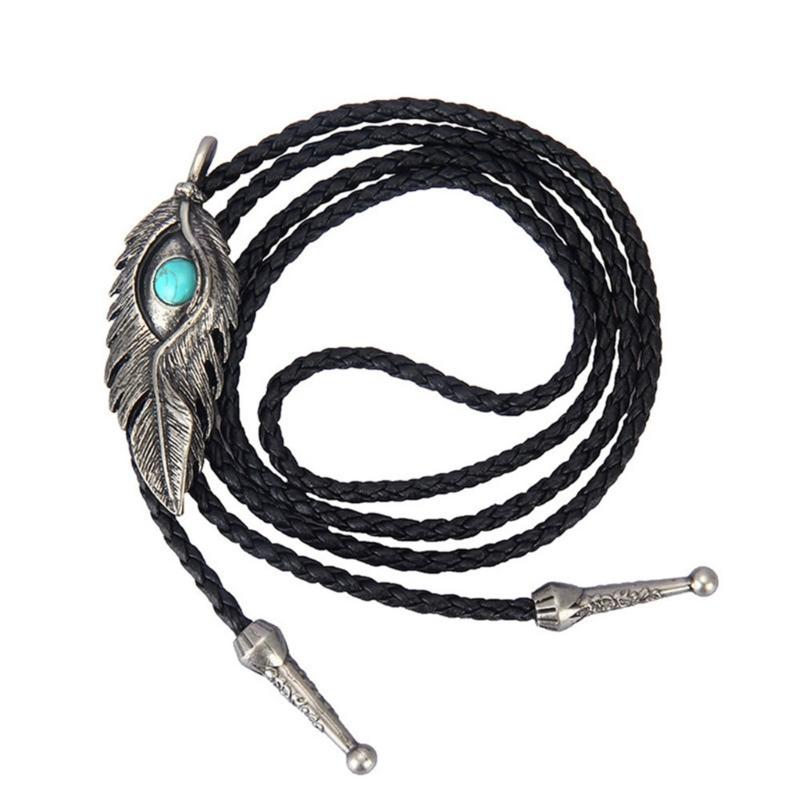 Metal Turquoise Bolo Tie Wing Pattern Feather Necktie for Shirt Jeans Western Necklace Braided Shoestring Necktie Bola-T