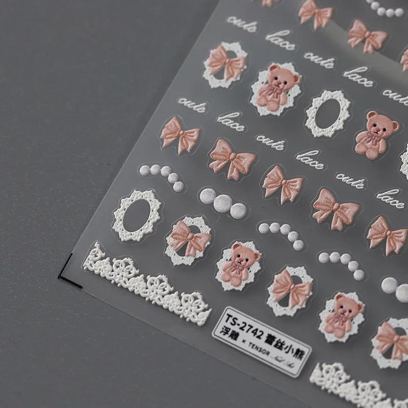 Cute Litter Bear Bowknot 5D Soft Embossed Reliefs Self Adhesive Nail Art Stickers Retro Black White Lace 3D Manicure Decals