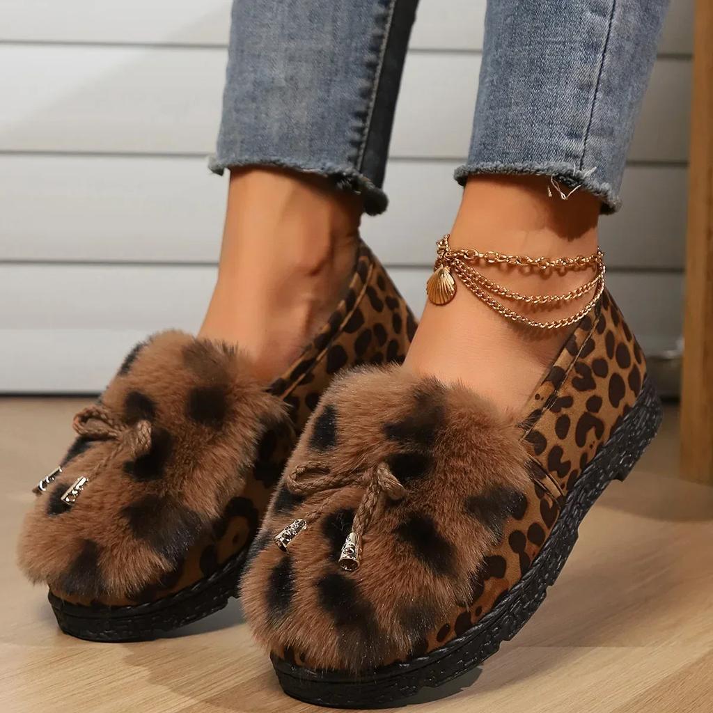 Fashion Women Fluffy Fur Snow Boots Winter Leopard Print Flat Heels Thicken Plush Cotton Padded Shoes Female Warm Ankle Botas