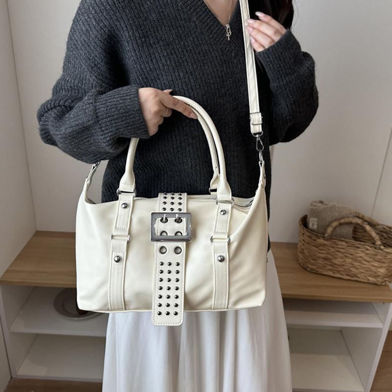Yogodlns Women Y2K Bowling Handbag Retro Metal Buckle Design Shoulder Bag Vintage Faux Leather Detachable Strap Crossbody Bag for Shopper
