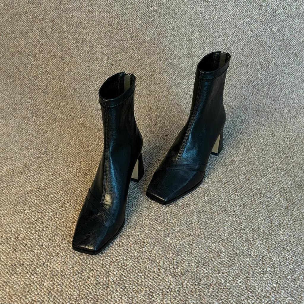 Square head temperament high heel thin boots rear zipper black martin boots thin French thick heel short boots women
