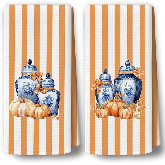 Fall Pumpkin Kitchen Towels Decor Set of 2 - Retro Autumn Moody Fall Hand Tea Towels, Rustic Cottagecore Fall Dish Towel Dishcloths Decorations for