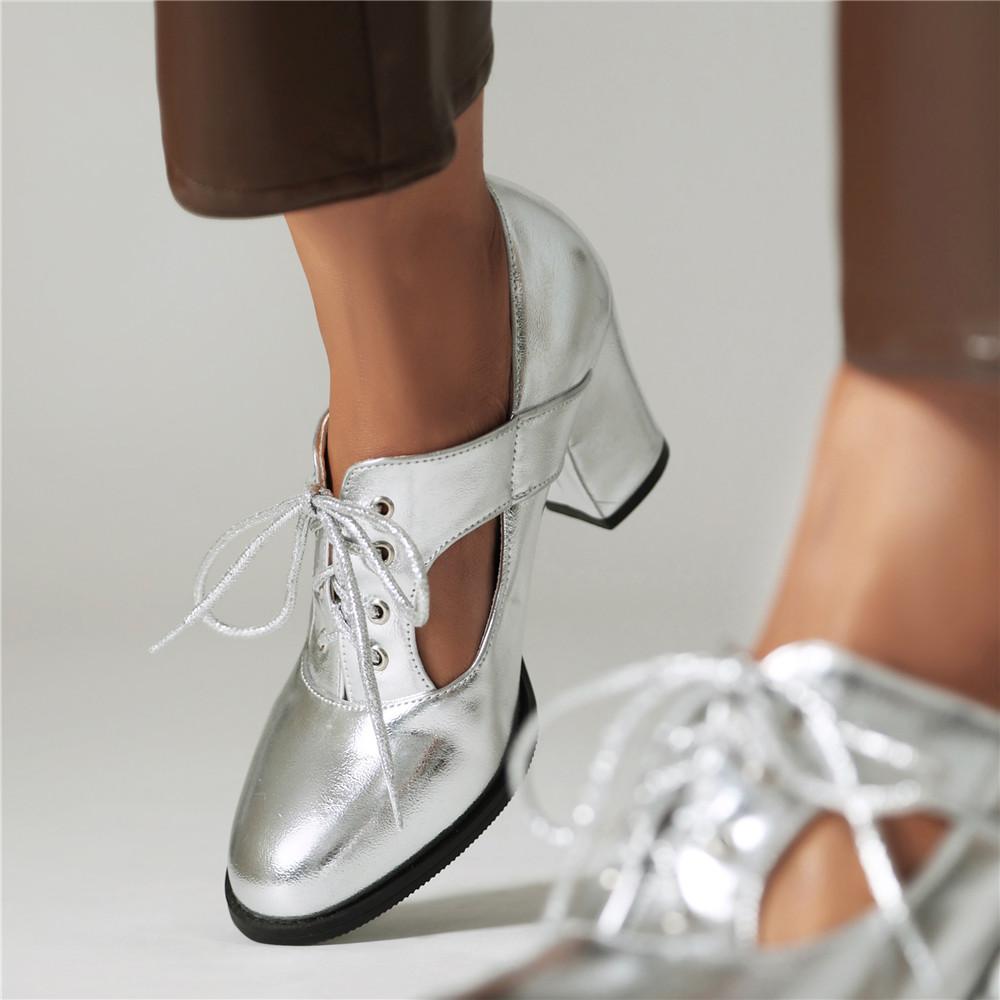 Fashion 2025 New Women Hollow Breathable Pumps Shallow Brogue Ladies Vintage Oxford Shoes Lace-Up Chunky High Heels Female Gold Silver