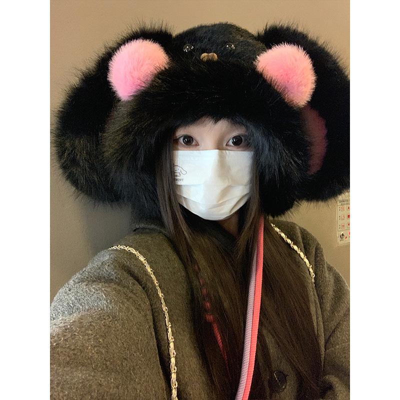 

Korean Sweet and Cute Big Ear Rabbit Plush Hat for Women In Winter Thickened Warm Face Showing Small Cartoon Lei Feng Hat one size