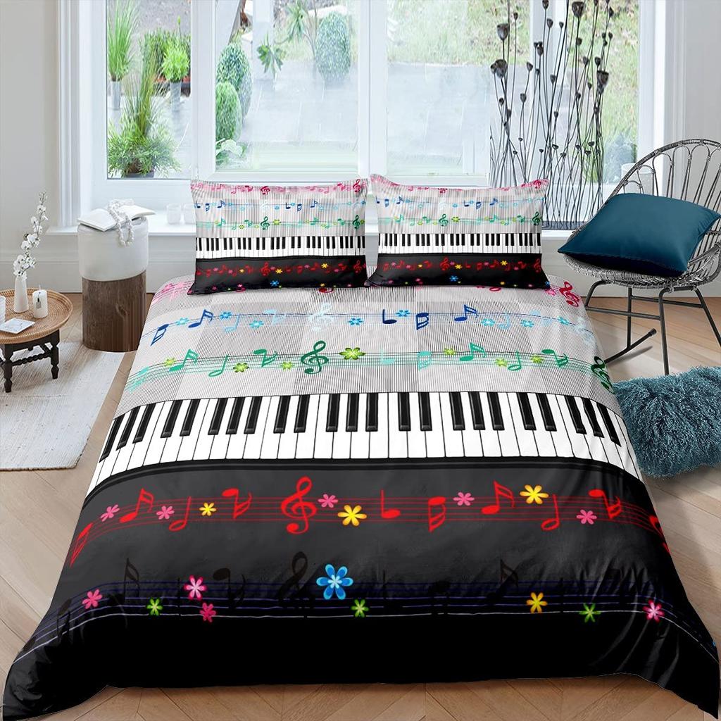 Vzor klavíru Povlak na přikrývku Klasická hudba Tematická 2/3dílná ložní souprava Hudební vzor Geometrický pruh Královský povlak na přikrývku