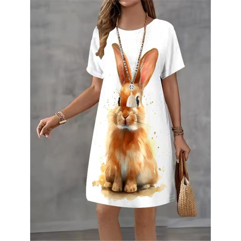 Women Dress Cute Rabbit Pattern Print Design Sense Pattern 2025 Summer Elegant Women A-Line Dress Casual Short Sleeve Mini Dress
