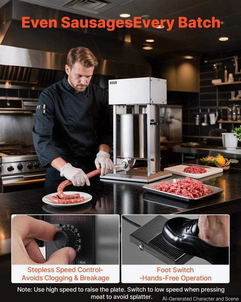 VEVOR Electric Sausage Stuffer 10L Vertical Meat Maker Stainless Steel, for Commercial Use, Stepless Speed Control Meat Stuffer, Sausage Filler Kit