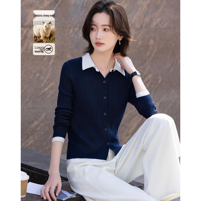 Women s Contrast Lapel Wool Blend Twist Knit Cardigan XL