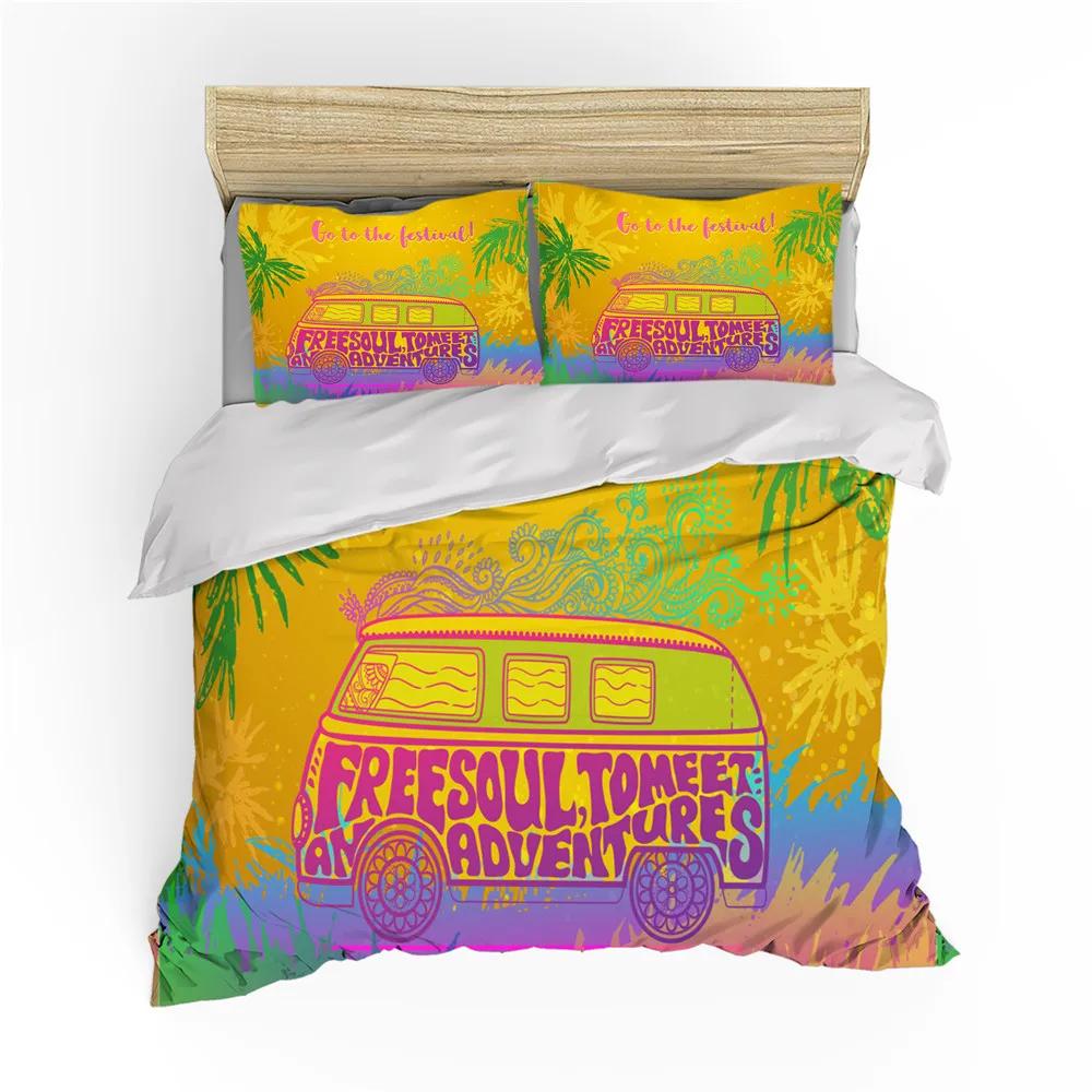 Surf Duvet Cover Hippie Classic Old Bus Surfboard Freedom Holiday Exotic Life Sketchy Art Yellow Orange Room Decor For Women Men