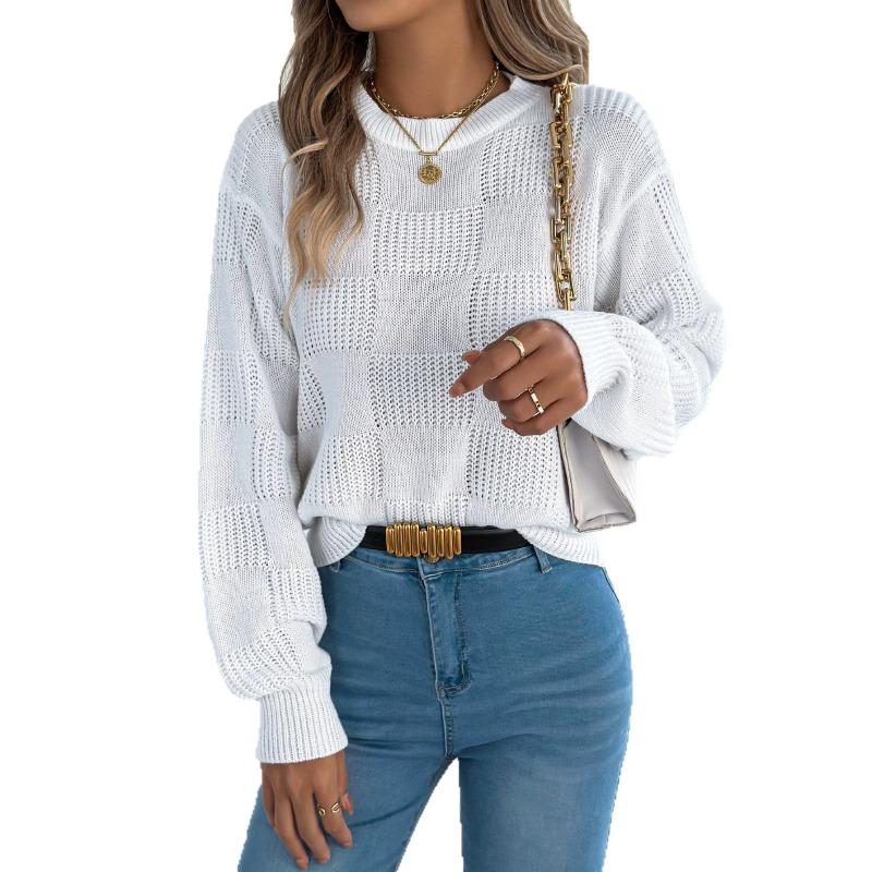 European American Style Solid Plaid Long Sleeve Pullover Sweater Women